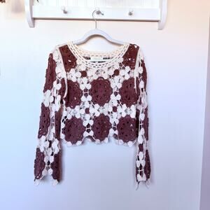 Rebellion Again Crochet Brown White Long Sleeve Top Beach Coverup Boho Size M